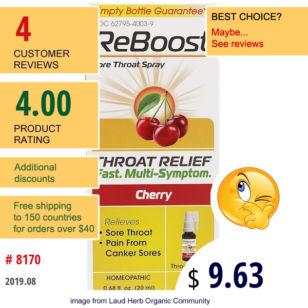 Medinatura, Reboost, Sore Throat Spray, Cherry, 0.68 Fl Oz (20 Ml)  