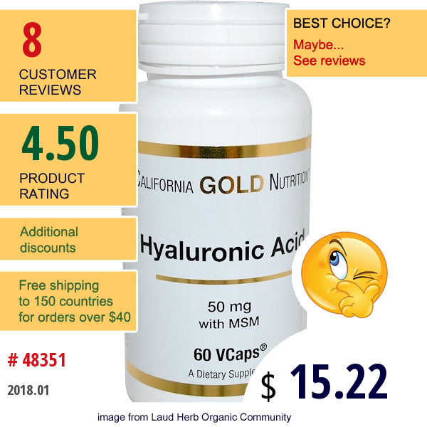 California Gold Nutrition, Hyaluronic Acid, With Msm, 50 Mg, 60 Vcaps  