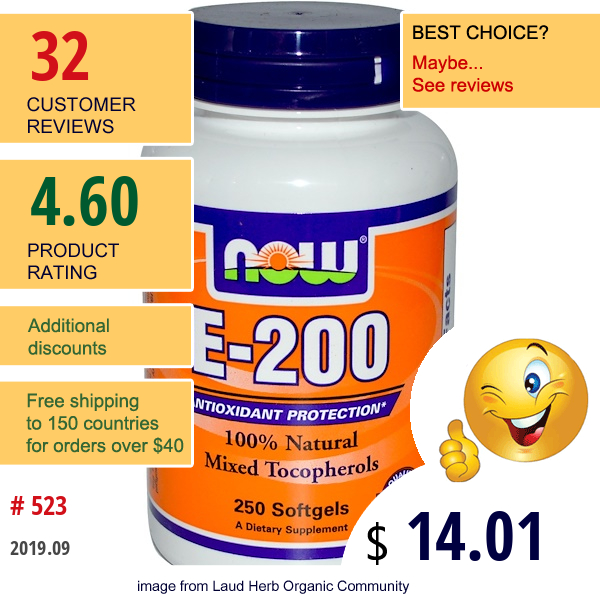 Now Foods, E-200, 100% Natural Mixed Tocopherols, 250 Softgels  