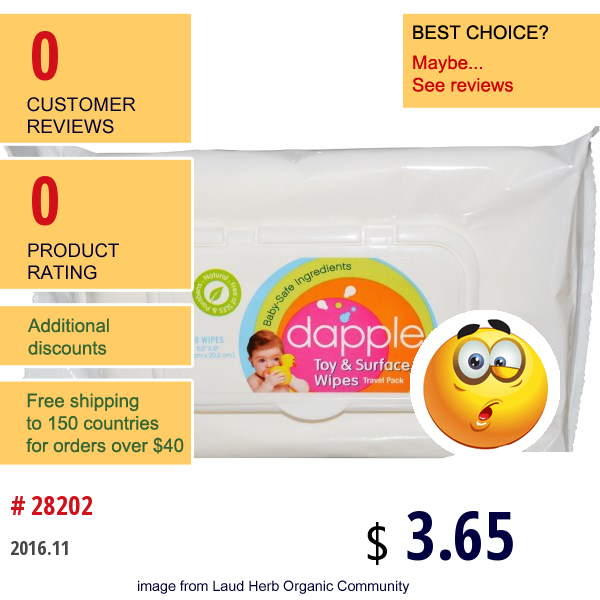 Dapple, Toy & Surface Wipes, Travel Pack, 20 Wipes, 5.5 X 8 Each  