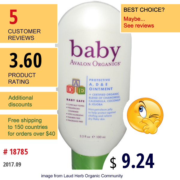 Avalon Organics, Baby, Protective A, D & E Ointment, 3.5 Fl Oz (100 Ml)  