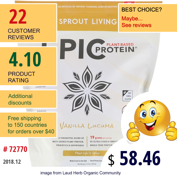 Sprout Living, Epic Plant-Based Protein, Vanilla Lucuma, 2.2 Lb (1,000 G)