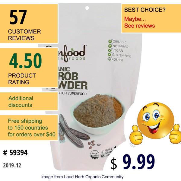 Sunfood, Organic Carob Powder, 1 Lb (454 G)  