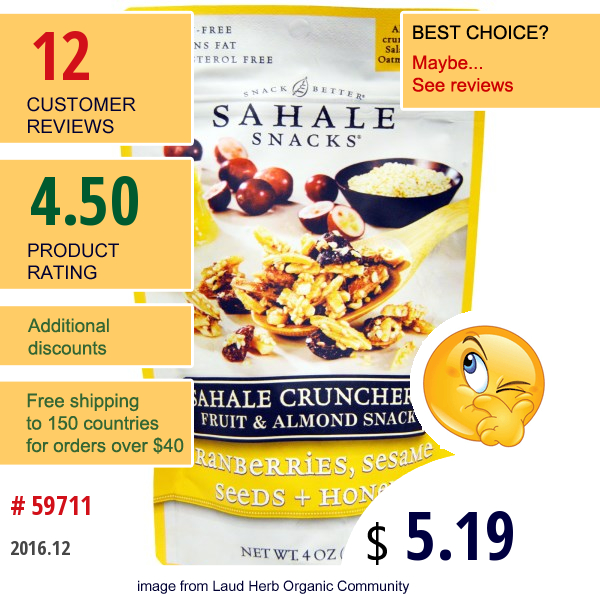 Sahale Snacks, Sahale Crunchers, Fruit & Almond Snack, Cranberries, Sesame Seeds + Honey, 4 Oz (113 G)