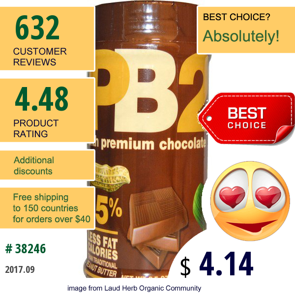 Bell Plantation, Pb2, Powdered Peanut Butter With Premium Chocolate, 6.5 Oz (184 G)