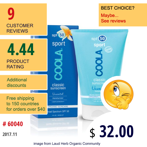 Coola Organic Suncare Collection, Classic Sunscreen, Sport, Unscented, Spf 50, 5 Fl Oz (148 Ml)