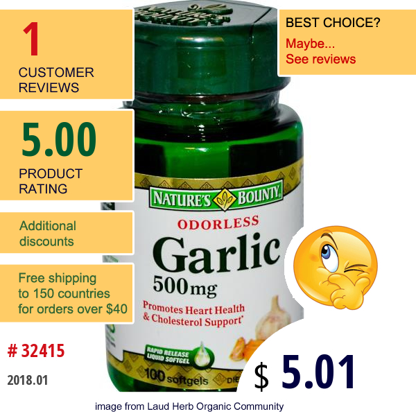 Natures Bounty, Odorless Garlic, 500 Mg, 100 Softgels  