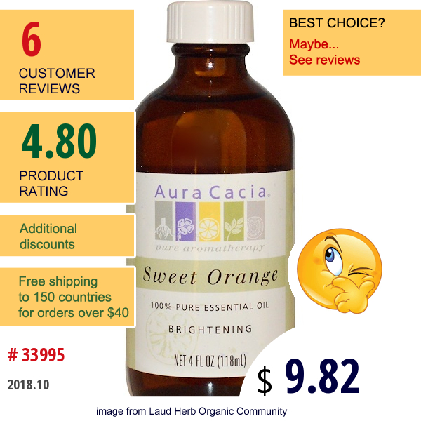 Aura Cacia, 100% Pure Essential Oil, Sweet Orange, 4 Fl Oz (118 Ml)  