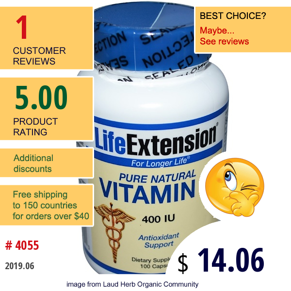 Life Extension, Vitamin E, 400 Iu, 100 Capsules  