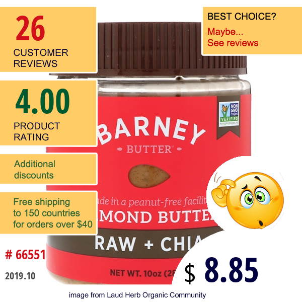 Barney Butter, Almond Butter, Raw + Chia, 10 Oz (284 G)  