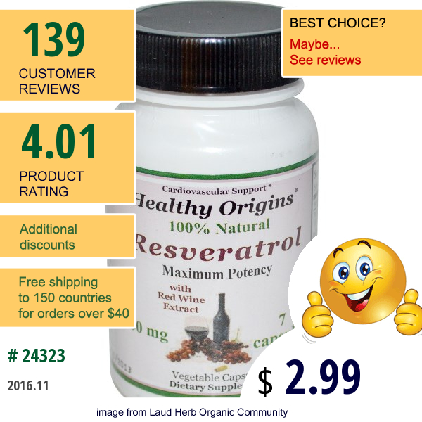 Healthy Origins, Resveratrol, 300 Mg, 7 Capsules  