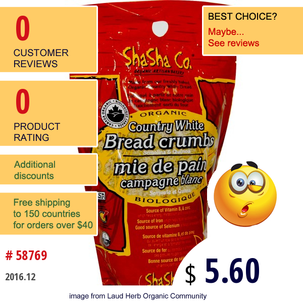 Shasha Bread Co, Organic Country White Bread Crumbs, 10.5 Oz (300 G)  