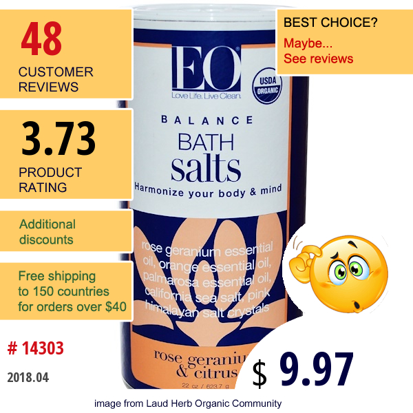 Eo Products, Balance Bath Salts, Rose Geranium & Citrus, 22 Oz (623.7 G)  