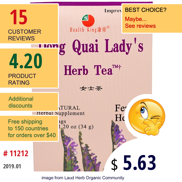 Health King, Dong Quai Ladys Herb Tea, 20 Tea Bags, 1.20 Oz (34 G)  