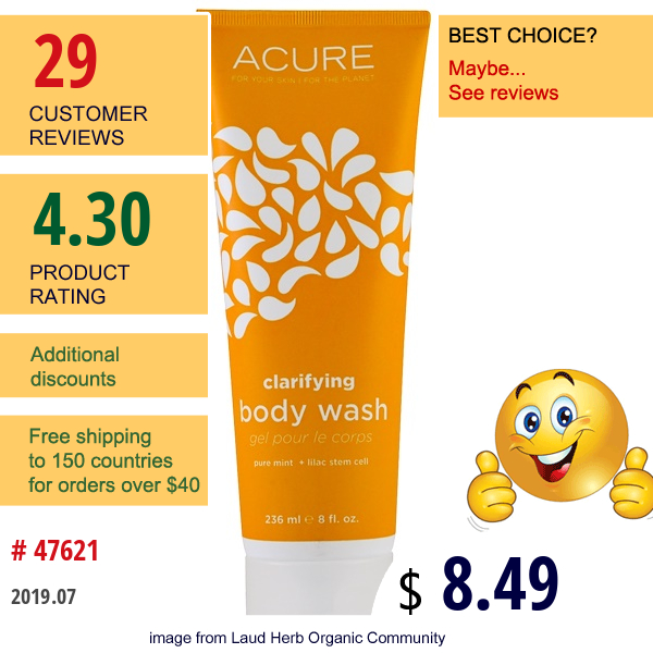 Acure, Clarifying Body Wash, Pure Mint + Lilac Stem Cell, 8 Fl Oz (235 Ml)  