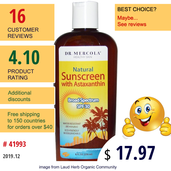Dr. Mercola, Natural Sunscreen, With Astaxanthin, Spf 30, 8 Fl Oz (236 Ml)  