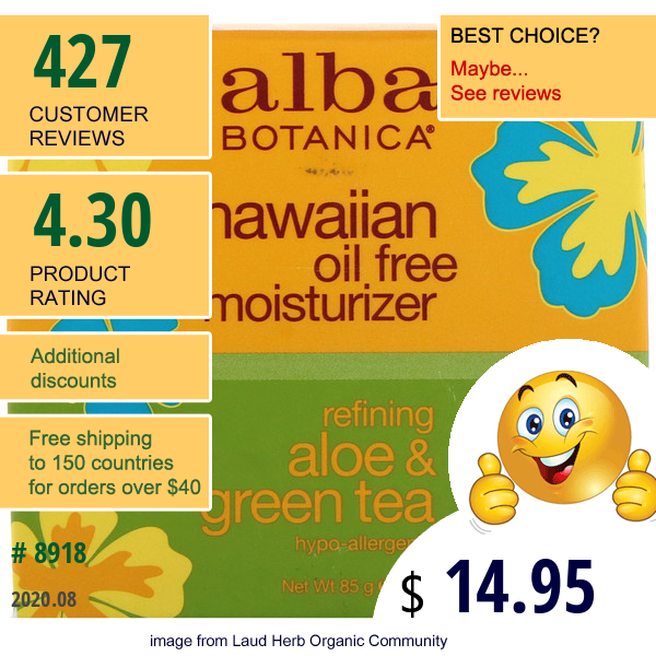 Alba Botanica, Hawaiian Oil Free Moisturizer, Refining Aloe & Green Tea, 3 Oz (85 G)