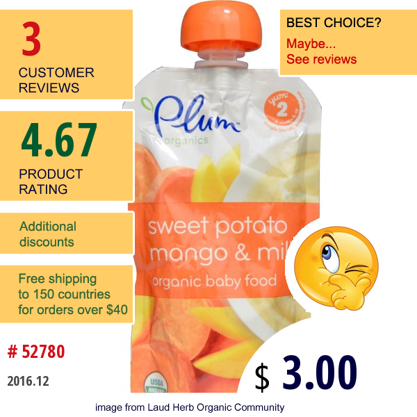 Plum Organics, Organic Baby Food, Stage 2, Sweet Potato Mango & Millet, 3.5 Oz (99 G)