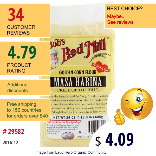 Bobs Red Mill, Masa Harina, Golden Corn Flour, 24 Oz (680 G)