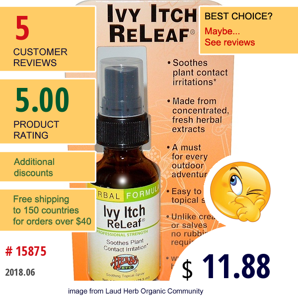 Herbs Etc., Ivy Itch Releaf, Soothing Topical Spray, 1 Fl Oz (29.5 Ml)  