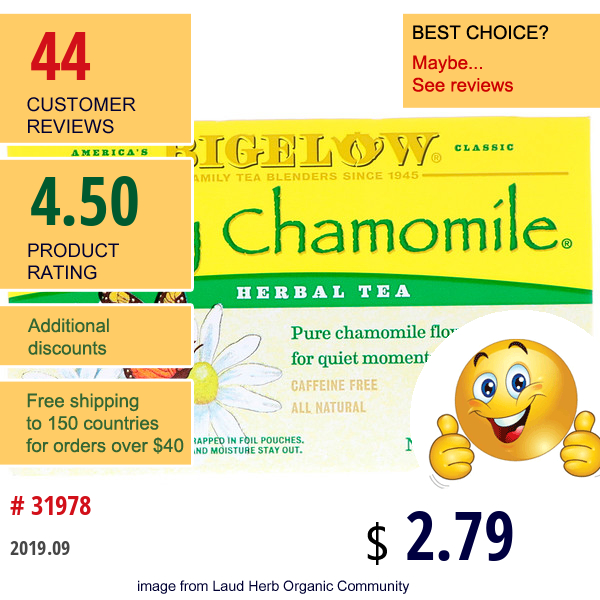 Bigelow, Cozy Chamomile Herb Tea, Caffeine Free, 20 Tea Bags, .73 Oz (20 G)