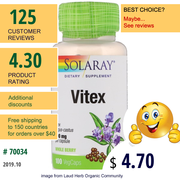 Solaray, Vitex, 400 Mg, 100 Vegcaps