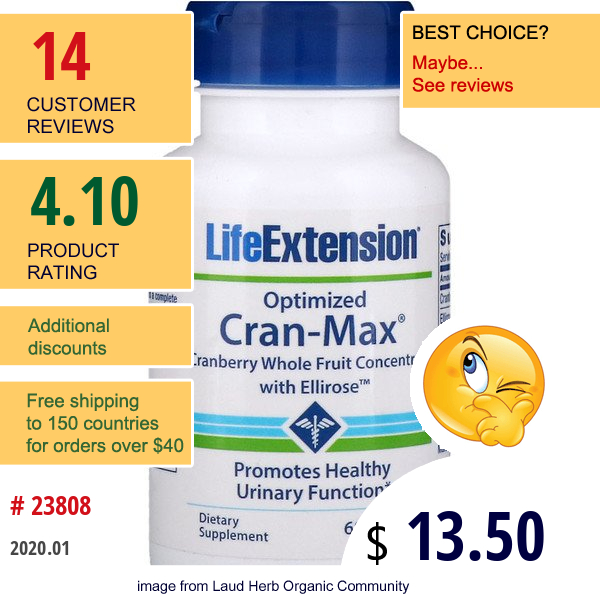 Life Extension, Optimized Cran-Max, Cranberry Whole Fruit Concentrate With Ellirose, 60 Vegetarian Capsules