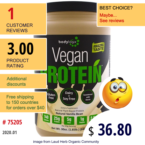 Bodylogix, Vegan Protein, Natural Vanilla Bean, 30 Oz (840 G)  