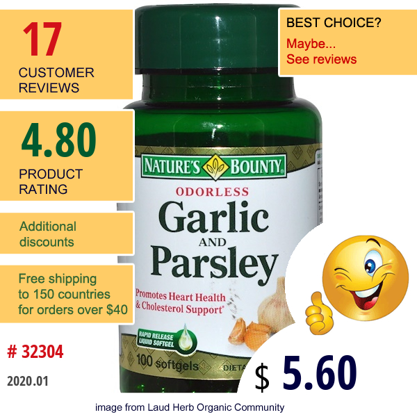 Nature'S Bounty, Garlic And Parsley, Odorless, 100 Softgels  