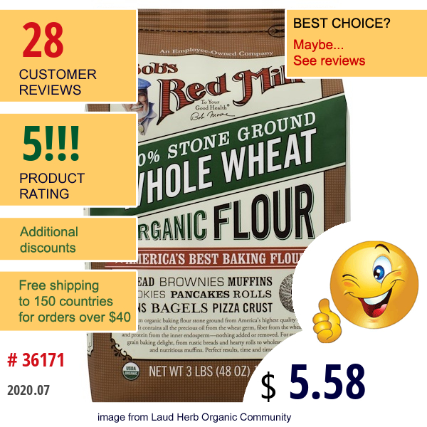 Bob'S Red Mill, Organic Whole Wheat Flour, 48 Oz (1.36 Kg)  