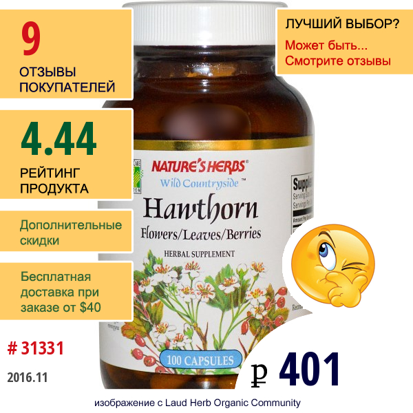 Natures Herbs, Боярышник, Цветы / Листья / Ягоды, 100 Капсул  