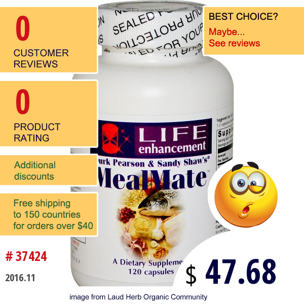 Life Enhancement, Durk Pearson & Sandy Shaws, Mealmate, 120 Capsules  