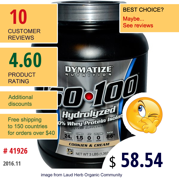 Dymatize Nutrition, Iso·100, 100% Whey Protein Isolate, Cookies & Cream, 3 Lbs (1,362 G)  