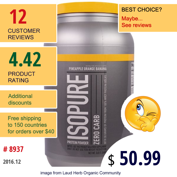 Natures Best, Iso Pure, Isopure Protein Powder, Zero Carb, Pineapple Orange Banana, 3 Lbs (1.36 Kg)