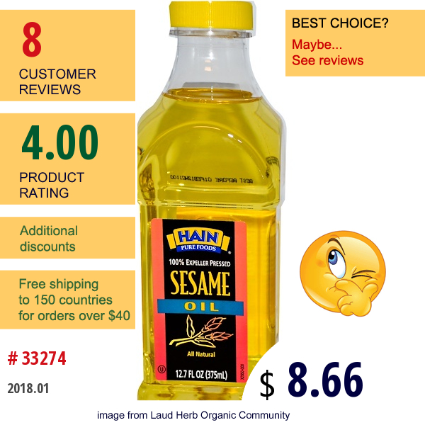 Hain Pure Foods, Sesame Oil, 12.7 Oz (375 Ml)  