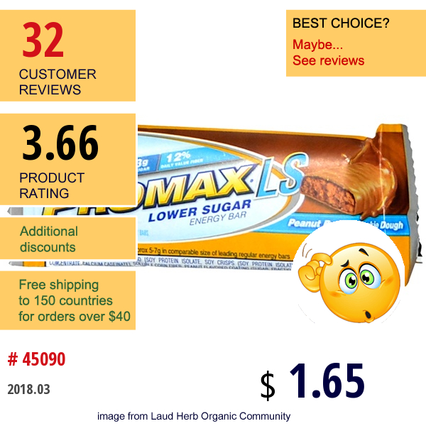 Promax Nutrition, Ls, Lower Sugar Energy Bar, Peanut Butter Cookie Dough, .70 Oz (20 G)  