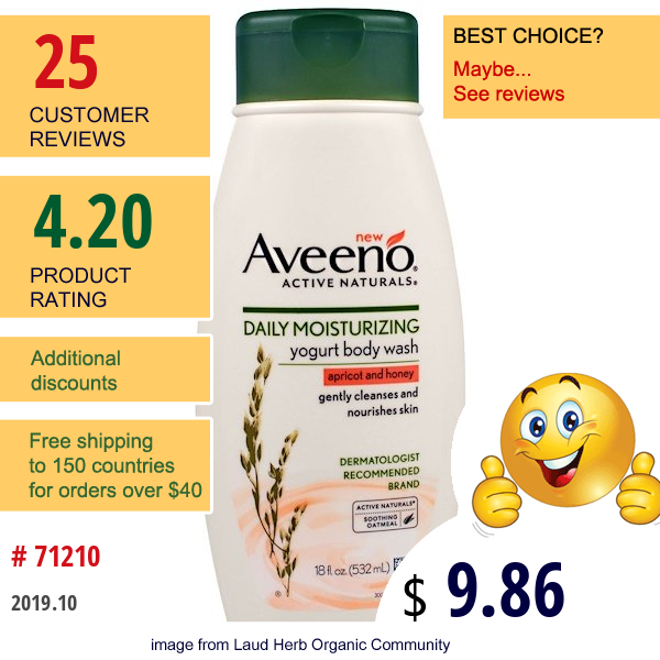 Aveeno, Daily Moisturizing Yogurt Body Wash, Apricot And Honey, 18 Fl Oz (532 Ml)