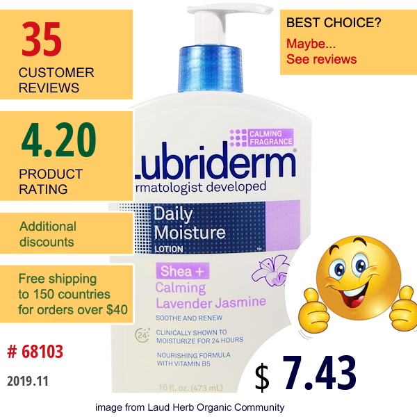 Lubriderm, Daily Moisture Lotion, Shea + Calming Lavender Jasmine, 16 Fl Oz (473 Ml)