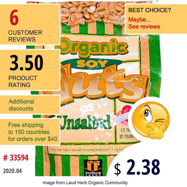 Funfresh Foods, Organic Soy Nuts, Unsalted, 5 Oz (142 G)  