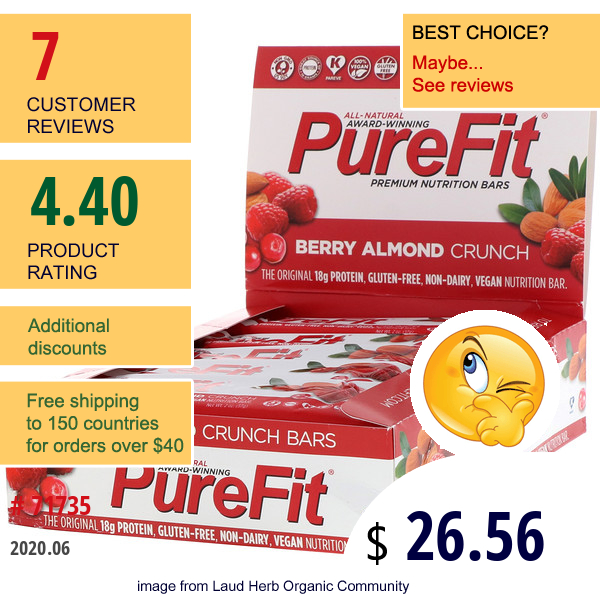 Purefit Bars, Premium Nutrition Bars, Berry Almond Crunch, 15 Bars, 2 Oz (57 G) Each