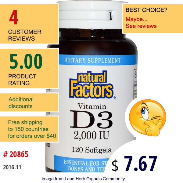 Natural Factors, Vitamin D3, 2,000 Iu, 120 Softgels