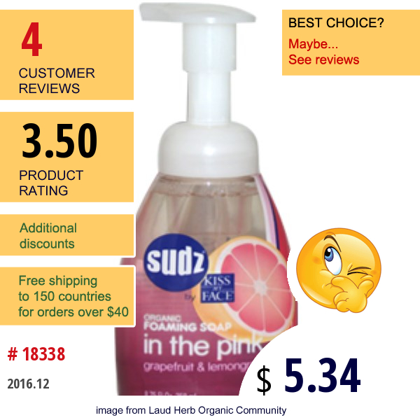 Kiss My Face, Sl, Sudz,  In The Pink, Foaming Soap, Grapefruit & Lemongrass, 8.75 Fl Oz (258 Ml)  