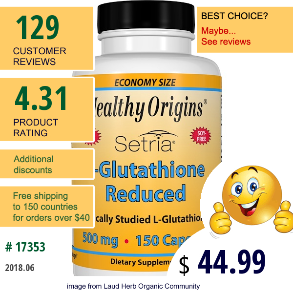 Healthy Origins, Setria, L-Glutathione Reduced, 500 Mg, 150 Capsules