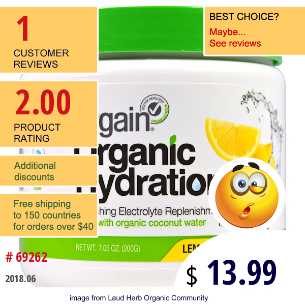 Orgain, Organic Hydration, Lemon Ice, 7.05 Oz (200 G)  