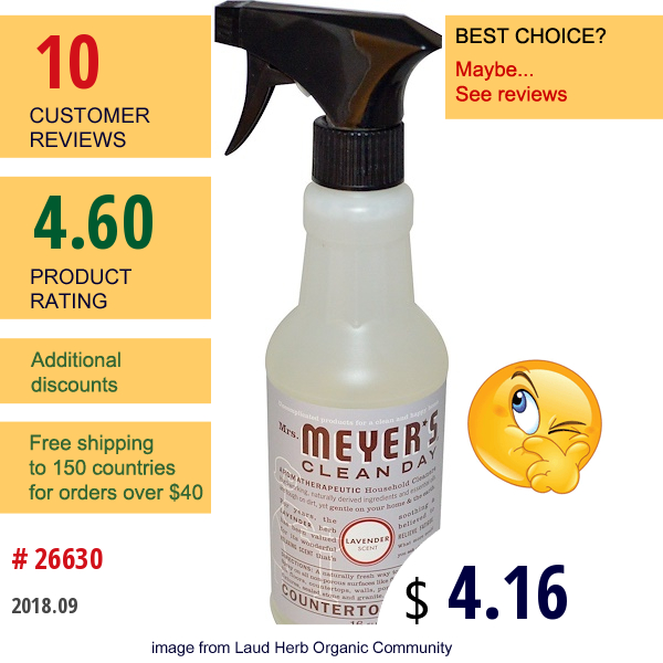 Mrs. Meyers Clean Day, Countertop Spray, Lavender Scent, 16 Fl Oz (473 Ml)  