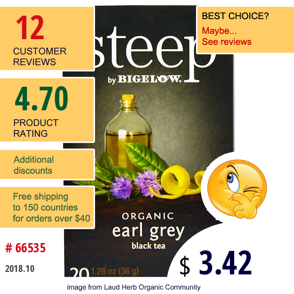 Bigelow, Steep, Black Tea, Organic Earl Grey, 20 Tea Bags, 1.28 Oz (36 G)