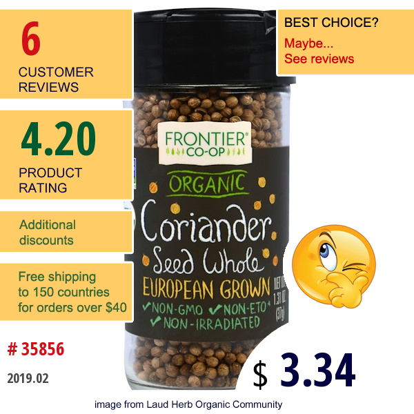 Frontier Natural Products, Organic Coriander Seed Whole, European Grown, 1.31 Oz (37 G)