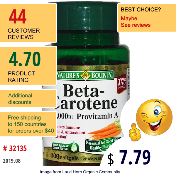 Nature'S Bounty, Beta-Carotene, Provitamin A, 25,000 Iu, 100 Softgels  