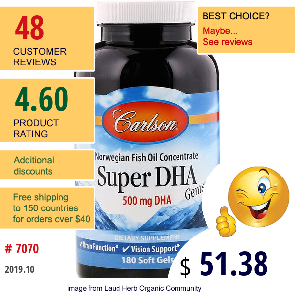 Carlson Labs, Super-Dha Gems, 500 Mg, 180 Soft Gels