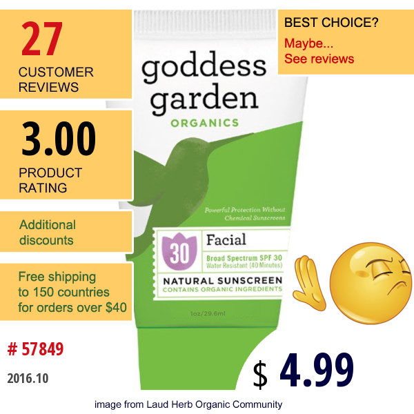 Goddess Garden, Organics, Facial, Natural Sunscreen, Spf 30, 1 Oz (29.6 Ml)